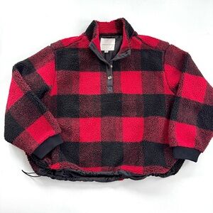 American Eagle Womens Sherpa Fleece Pullover Red Buffalo Plaid Oversized Sz XL